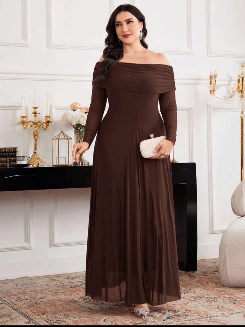 NEW Size 14 1XL Brown Off Shoulder Long Sleeve Maxi Dress